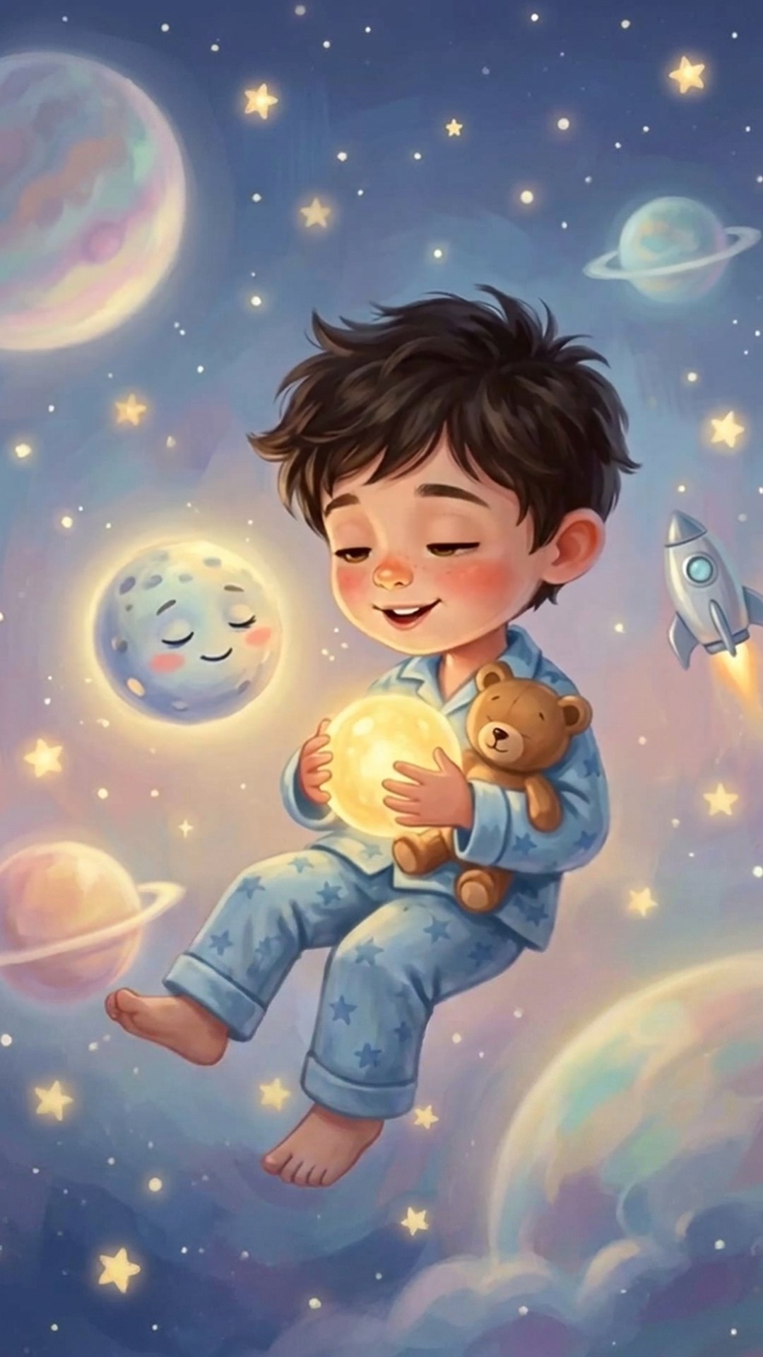 A sleepy child in star pajamas cradling a glowing storylight, drifting among soft planets